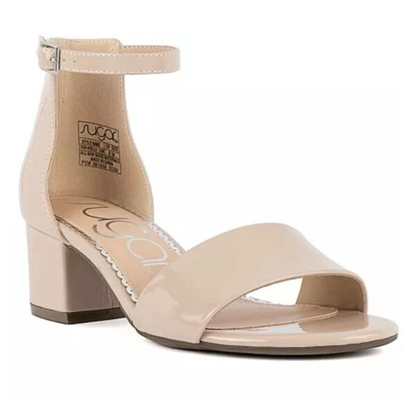 Sugar Noelle Low Patent Nude Open Toe Strappy 2 Inch Block Heels. 8. NEW IN BOX. - Picture 1 of 6